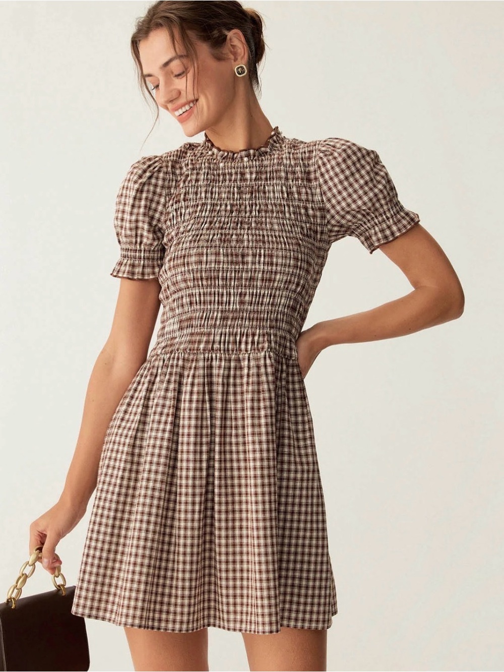 RIHOAS Brown Gingham Smocked Midi Dress